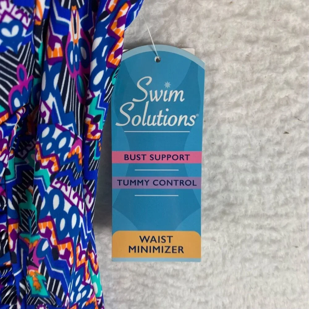 Swim Solutions Navy Multi Tummy-Control Shirred One-Piece Swimsuit Sz 8 NWT 9401 - Picture 2 of 11